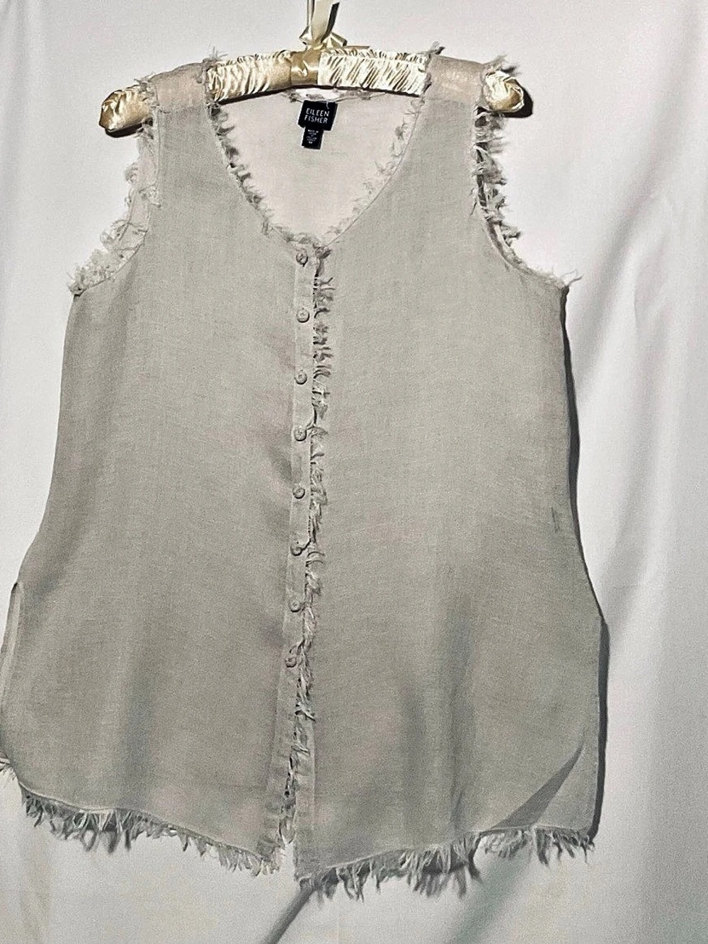 Eileen Fisher Linen Fringe Button Front Top in Light Gray